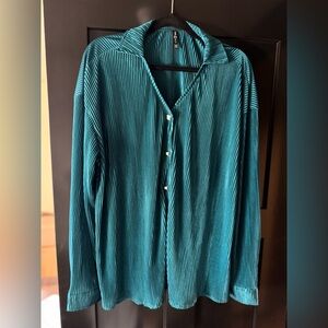Teal Pleated Snap Button Shirt